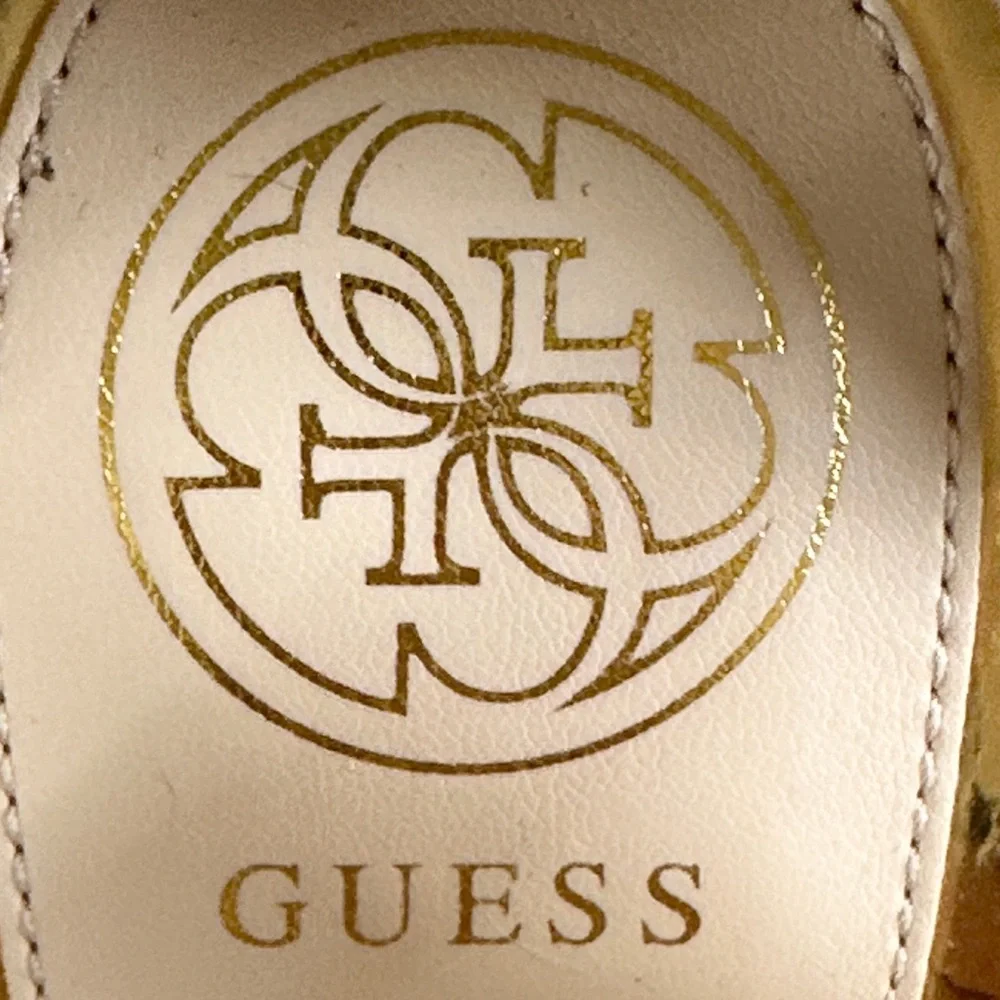 Guess Gace Platform Wedge Sandal 10 Metallic Gold and White Woven T-Straps